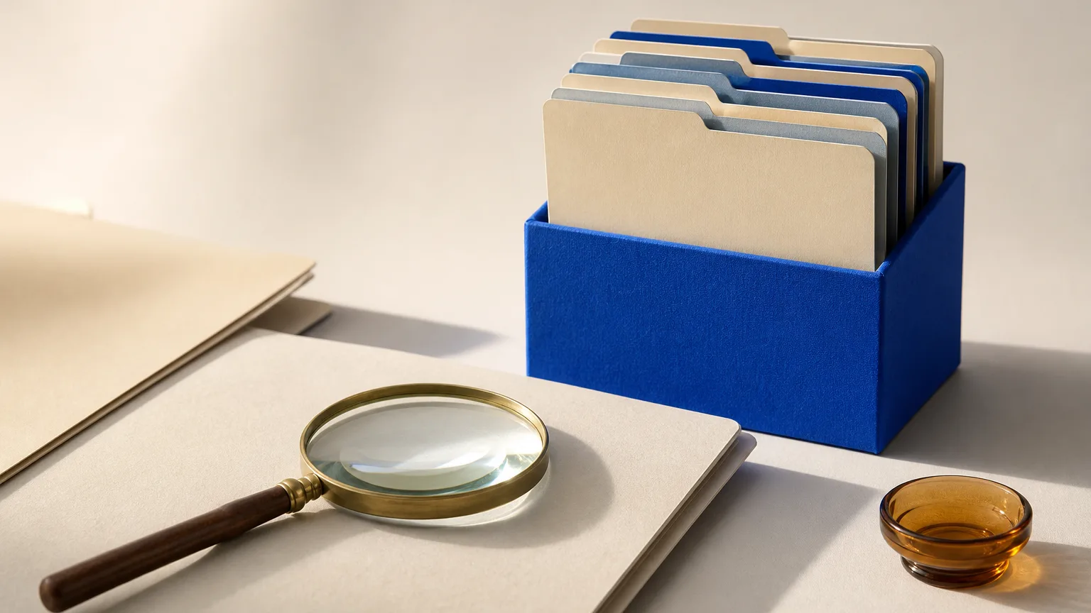 Ilustração editorial de pastas organizadas, índice azul cobalto e lupa, sem símbolos de justiça ou telas de sistema